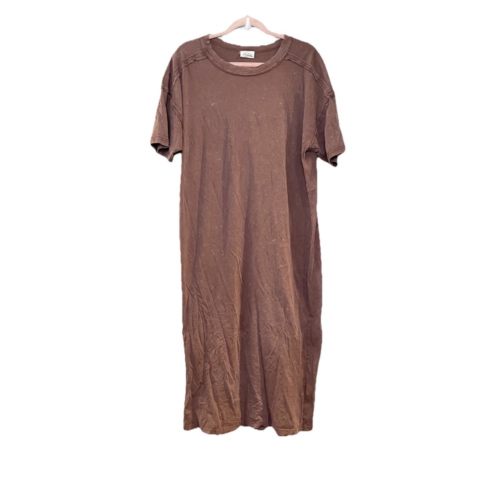 Newin Quality Brown Mineral Wash Oversized Midi T-Shirt Dress Boho Lounge Size M
